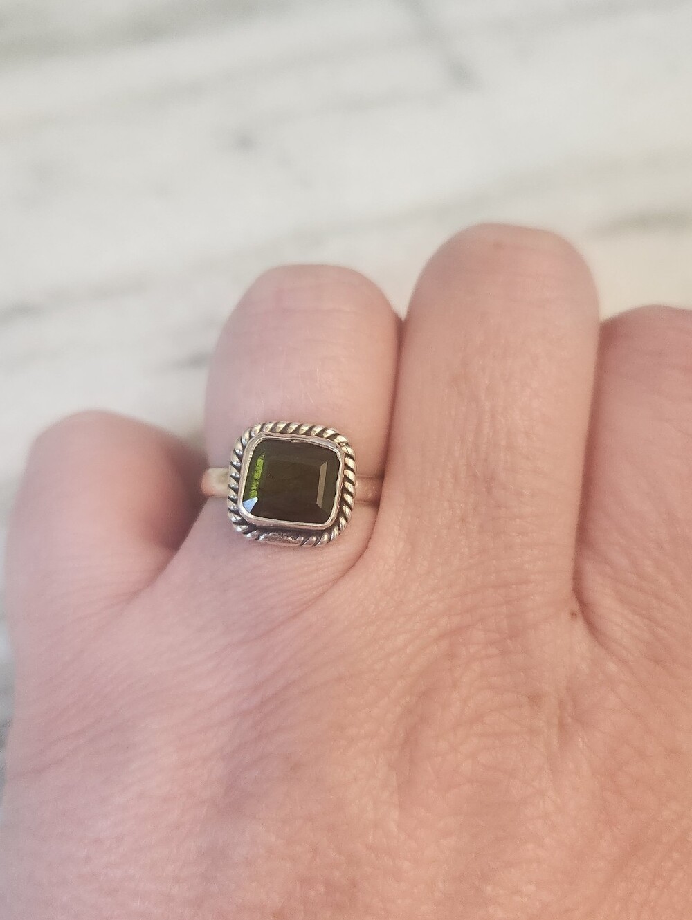 Square Natural Green Tourmaline Sterling Silver Ring, Size 8